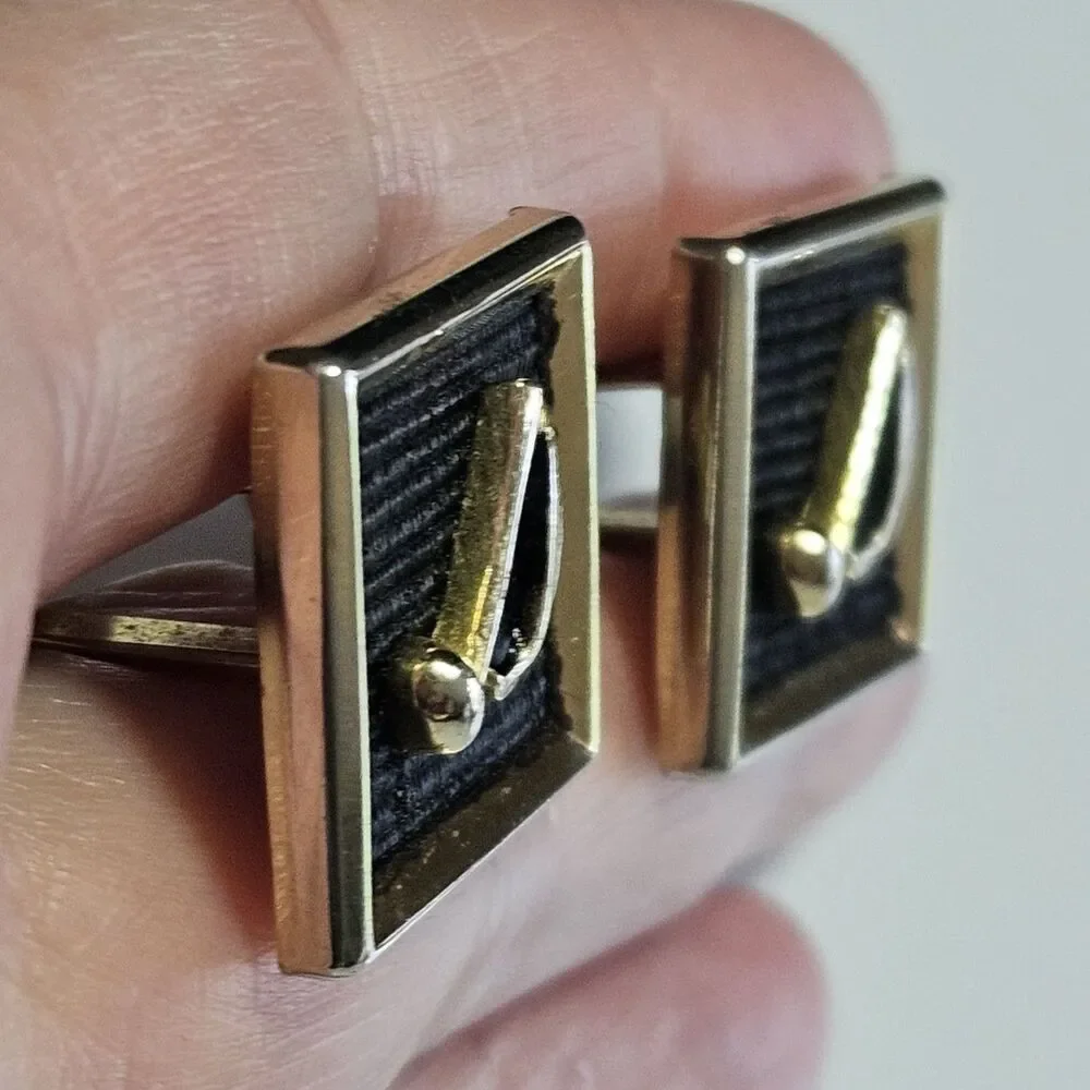 Gold Tone Black Vintage 1960's Signed Anson Musical Note Cuff Links